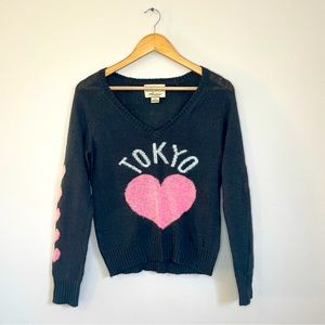 Wildfox Tokyo Heart Sweater Dark Grey Black Pink Heart White Label